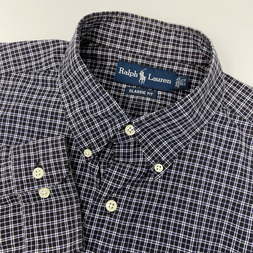 Ralph Lauren Button Down Mens 16.5 34/35 Black Purple Plaid Classic Fit Cotton